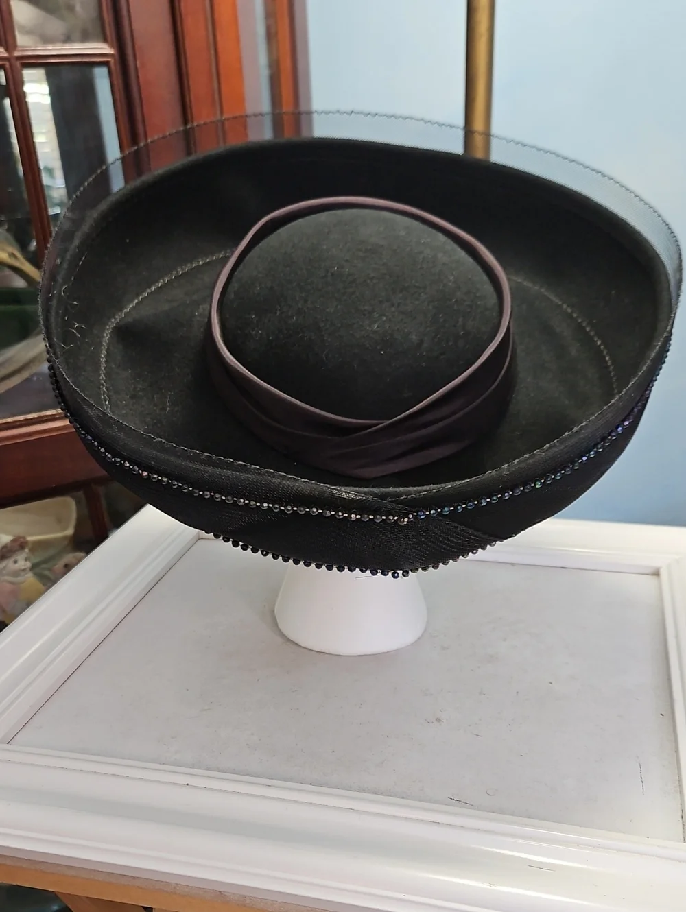 Vintage 1980's Sylvia Black Breton Decorative Women's Hat with Rhinestone Trim